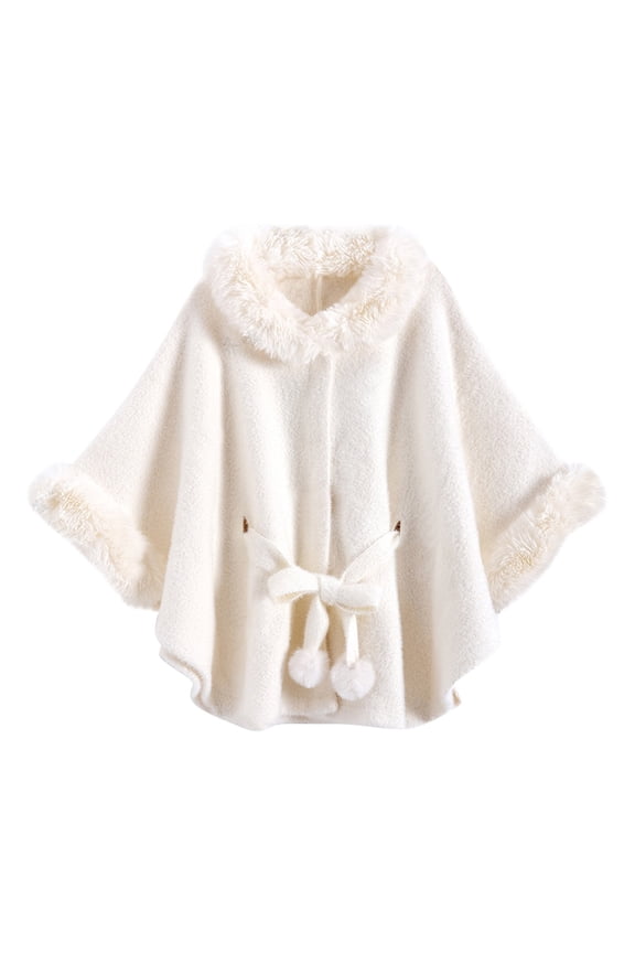 Women’s Faux Fur Trim Cape Shawl Elegant Soft Wrap Coats for Fall Winter Fashion Style Warm Pashmina Cape White M
