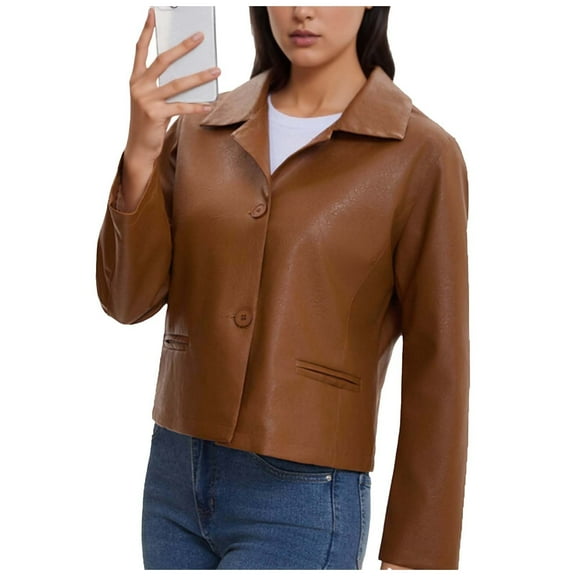 Sexlip Women's Faux Leather Crop Jacket Button Down Long Sleeve Casual Jacket Outerwear Short Coat Streetwear Outfits Brown M