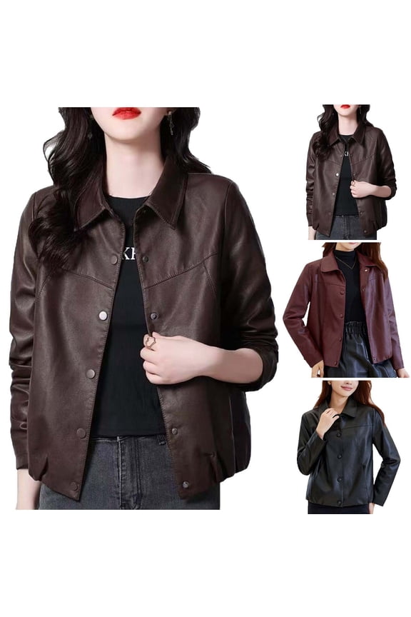 Women's Faux Leather Shacket Long Sleeve Zip Up Motorcycle Jacket Biker Coat Streetwear with Pocket Black L