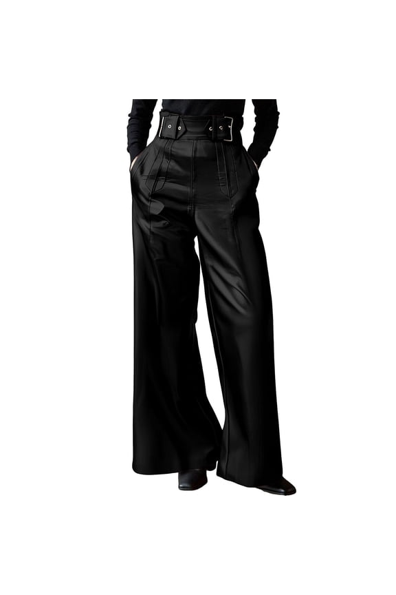 Women's Faux Leather Wide Leg Pants Casual High Waist Baggy PU Leather Pants Party Club Flare Trousers with Pockets Black S