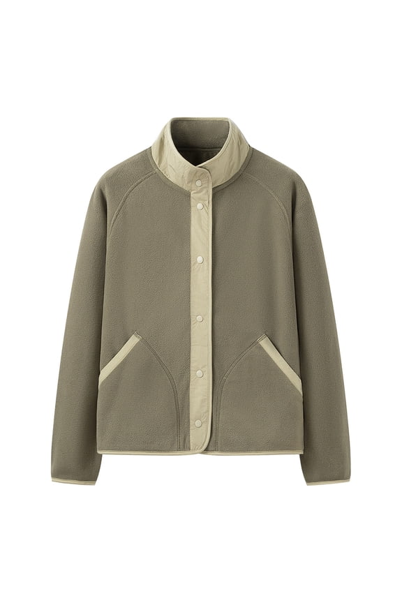 Women's Faux Suede Cropped Jacket Casual Zip Up Jackets Contrast Collar Fleece Winter Coats Outerwear with Pockets Green L