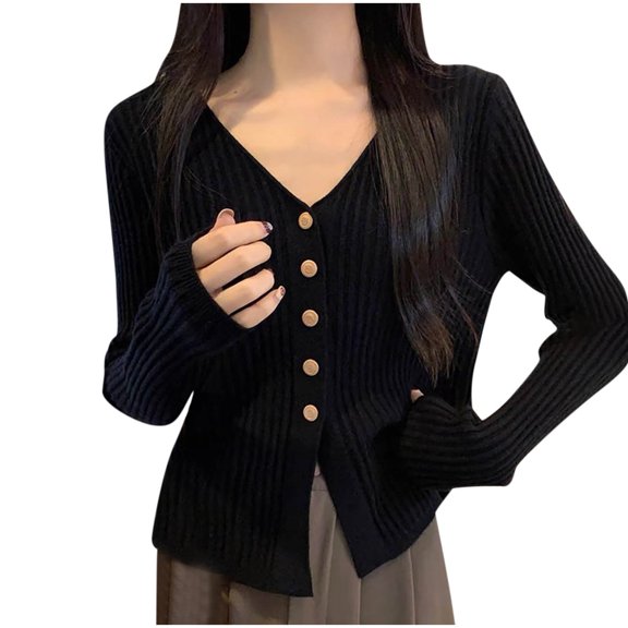 Sexlip Women’s French Slim Knit Sweater Long Sleeve V-Neck Tops for Fall Winter Black Free Size