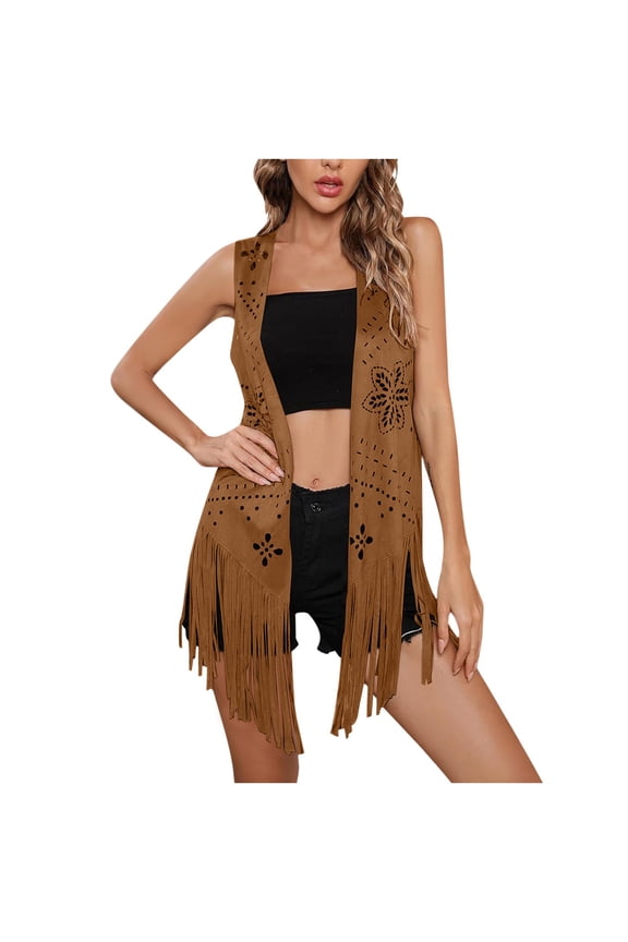 Women's Fringe Vest Sleeveless 70s Hippie Faux Suede Trim Western Cowgirl Tassel Jacket Cardigan Brown XXL