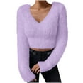 thumbnail image 1 of Sexlip Women's Fuzzy Fluffy Long Sleeve V Neck Crop Sweater Casual Plain Slim Fit Warm Knitwear Sweater Tops Purple XL, 1 of 9