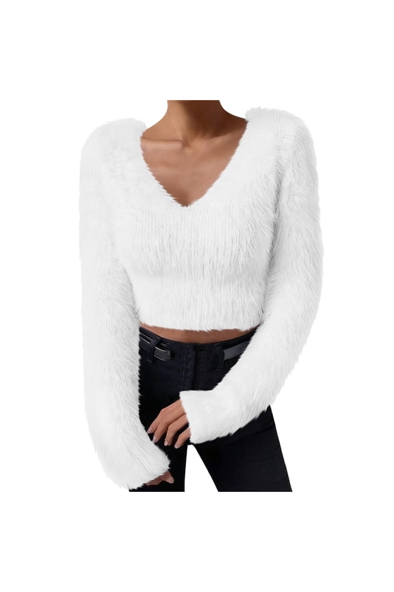 Women's Fuzzy Fluffy Long Sleeve V Neck Crop Sweater Casual Plain Slim Fit Warm Knitwear Sweater Tops White S