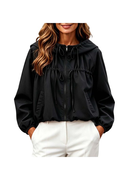 Women's Gathered Hooded Jacket Casual Loose Fit Bow Detail Coat Drawstring Hem Long Sleeve Outerwear with Pockets Black XS