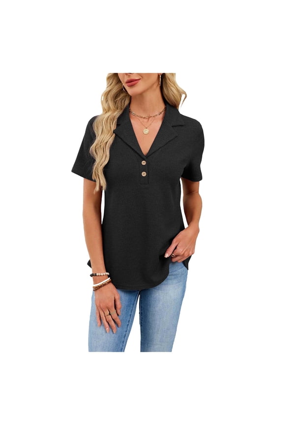 Women's Half Placket Collared Loose Top Comfortable Fabric Versatile Design Daily Casual Wear Black S