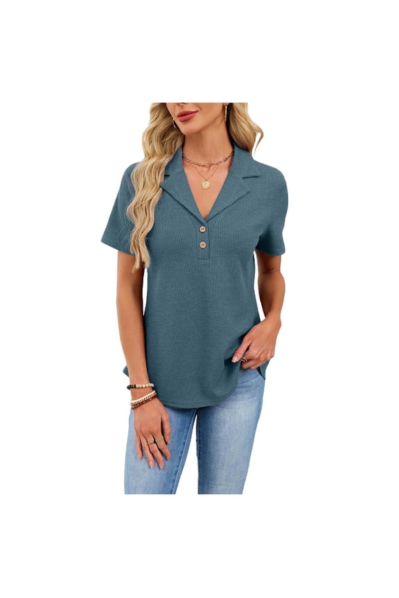 Women's Half Placket Collared Loose Top Comfortable Fabric Versatile Design Daily Casual Wear Blue S