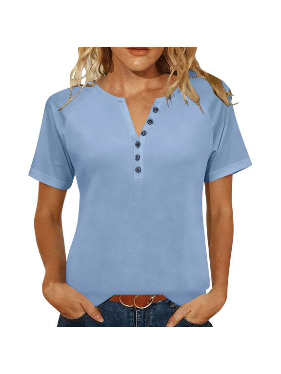 Women's Half Placket Short Sleeve Loose Top Comfortable Fabric Versatile Design Daily Casual Wear Blue XXXXXL