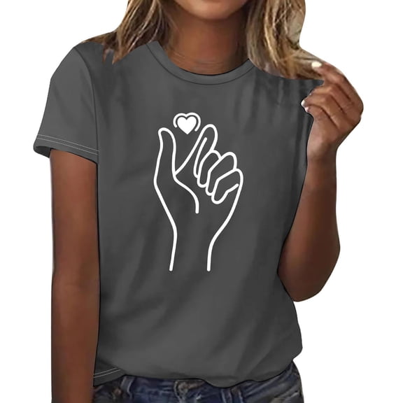 Sexlip Women's Hand Gesture Print Short Sleeve T Shirt Minimalist Design Soft Material Daily Casual Wear Gray M