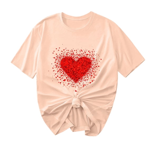 Sexlip Women's Heart Print Bow Front Short Sleeve T Shirt Cute Design Soft Fabric Daily Casual Wear Beige XXL