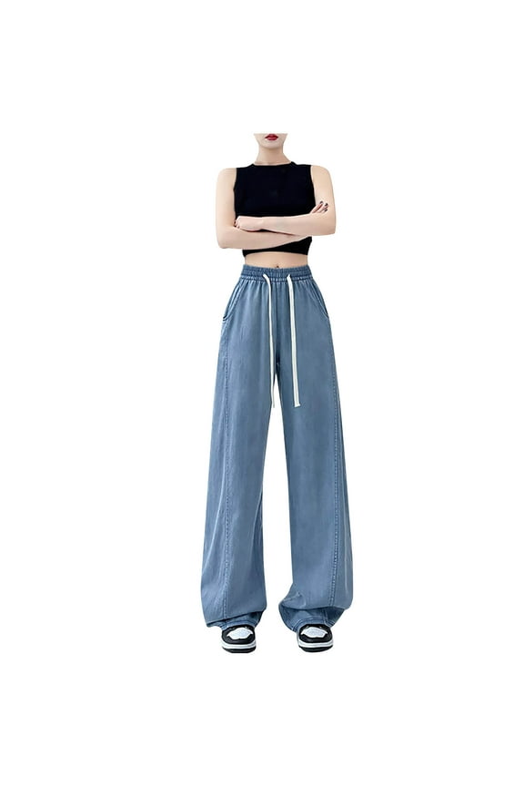 Women's High Waisted Denim Wide Leg Pants Durable Fabric Stylish Design Urban Street Daily Wear Blue M