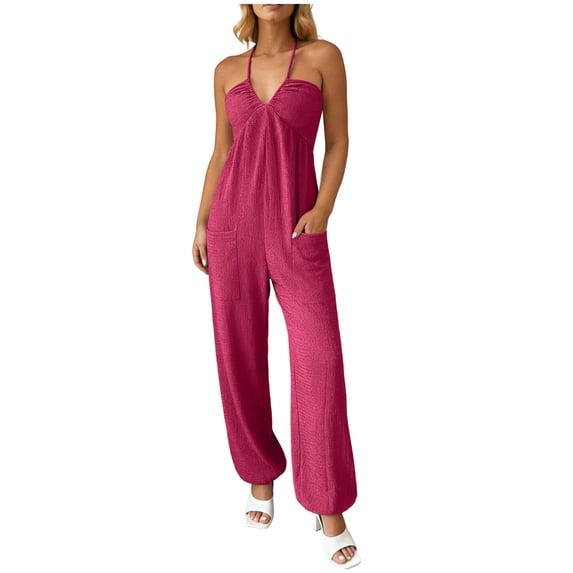 Sexlip Women's Jumpsuit All Season loose fit wide leg solid color with pockets fashionable casual soft fabric Pink S