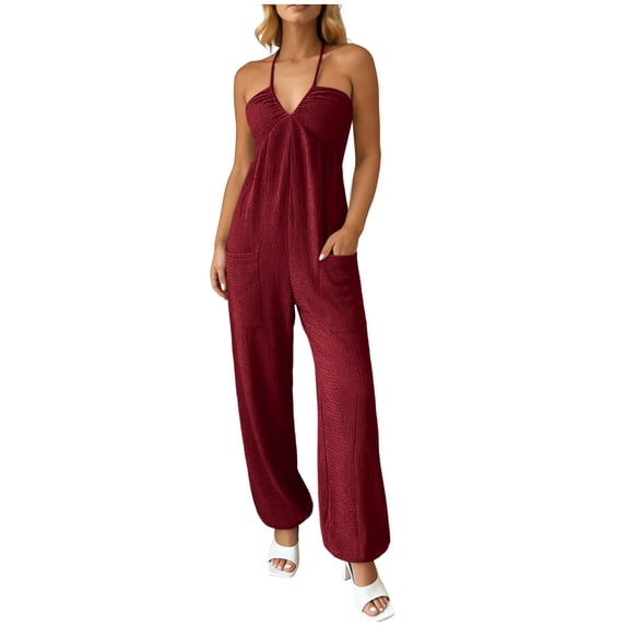 Sexlip Women's Jumpsuit All Season loose fit wide leg solid color with pockets fashionable casual soft fabric Red M