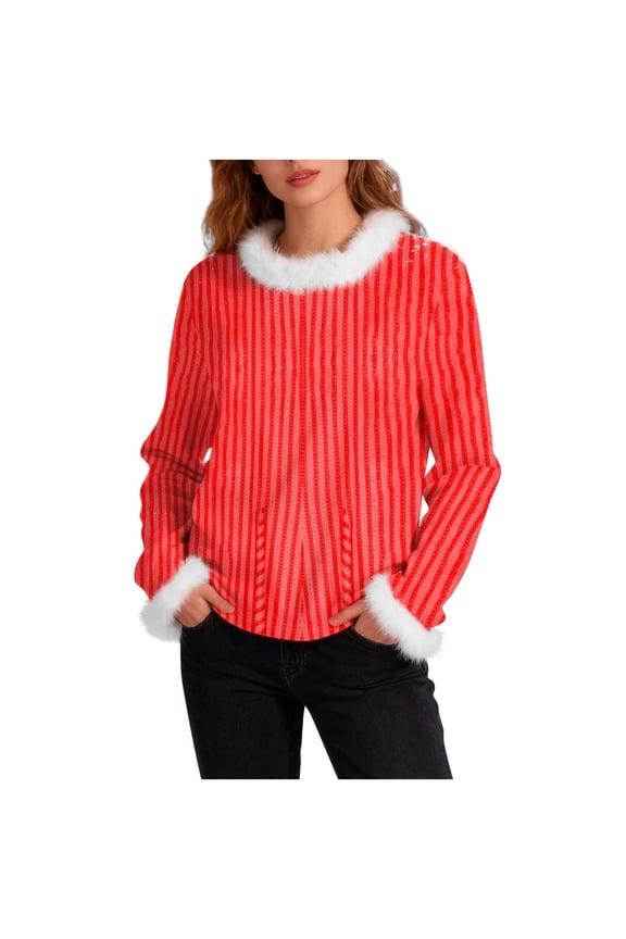 Women's Knitted Sweaters Plush Fur Trim Crew Neck Long Sleeve Ribbon Pullover Holiday Casual Dressy Fall Sweater Red S