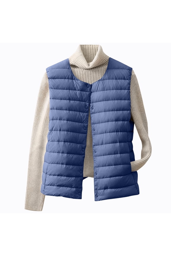 Women's Lightweight Down Vest Collarless Button Down Puffer Vests Sleeveless Quilted Jacket Waistcoat with Pockets Blue XXL