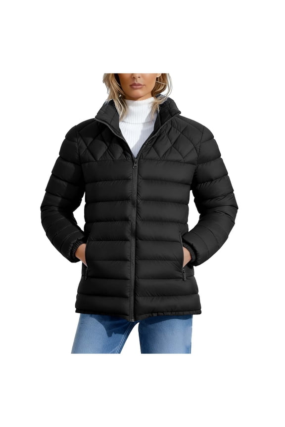 Women's Lightweight Puffer Jacket with Hood Pockets Quilted Padded Full-zip Water-Resistant Winter Coat Black M