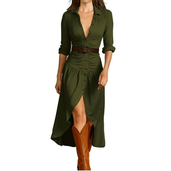 Sexlip Women's Long Sleeve Button Front Maxi Dress Asymmetrical Ruched Country Concert Western Cowgirl Flowy Dresses Green XXXXL