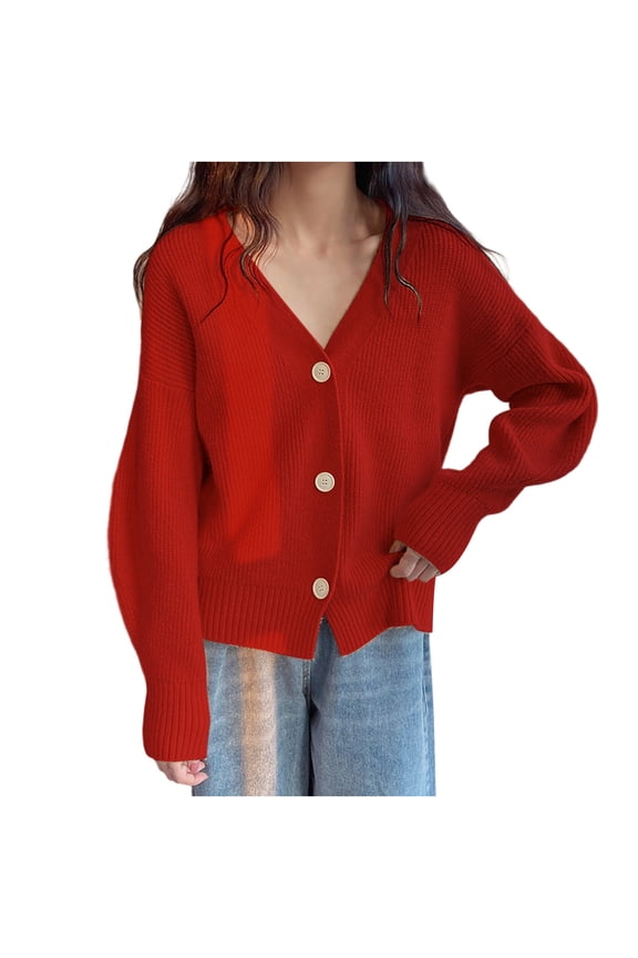 Women's Long Sleeve Casual Cardigan Soft Comfortable Knitted Sweater Coat Lightweight Stylish for Parties Work Home Spring Summer Fashion Red Free Size