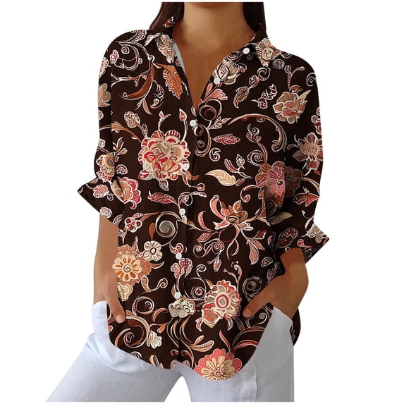 Sexlip Women's Long Sleeve Casual Print Button-Up Shirt Stylish Comfortable Soft Material for Daily Wear Party Wedding Dance Performance Fashion Blouse Brown XXXL