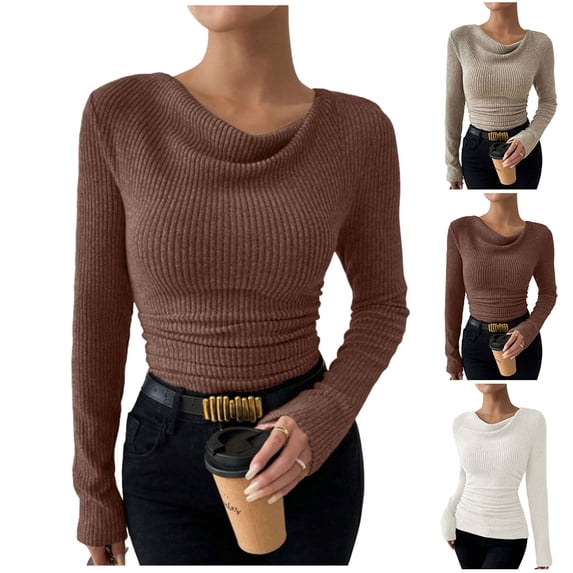 Sexlip Women's Long Sleeve Cowl Neck Ribbed Knit Fall Shirts Slim Fit Ruched Going Out Crop Tops Basic T-Shirts Brown L