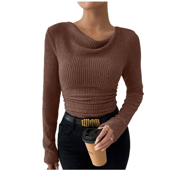 Sexlip Women's Long Sleeve Cowl Neck Ribbed Knit Fall Shirts Slim Fit Ruched Going Out Crop Tops Basic T-Shirts Brown XXL