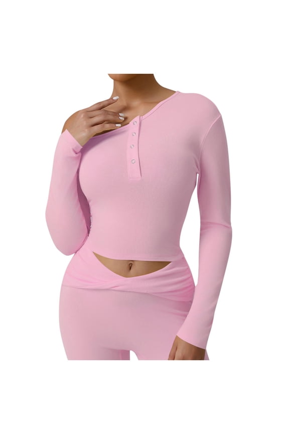 Women's Long Sleeve Crop Tops Trendy Slim Fitted Off the Shoulder Henley T-Shirts Fall Dressy Casual Blouse Pink S