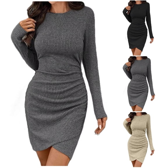 Sexlip Women's Long Sleeve Ruched Dress High Waist A Line Bodycon Dress for Club Party Autumn Winter Fashion Black L