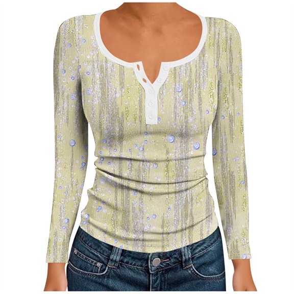 Sexlip Women's Long Sleeve Shirts Ribbed Knit Slim Fit Basic Tops Trendy Casual Printed Henley Blouses V Neck Button Shirt Yellow M