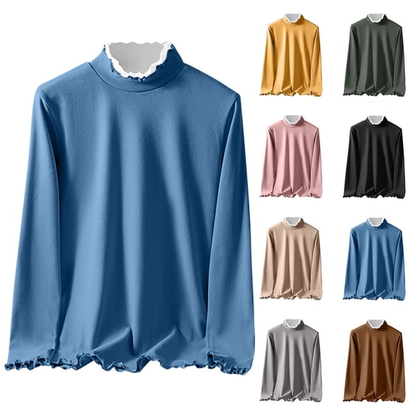 Sexlip Women's Long Sleeve Thermal Shirts Casual Lettuce Trim Mock Neck Top Fall Comfy Basic Loose Fleece Base Layer Sweatshirts Green L