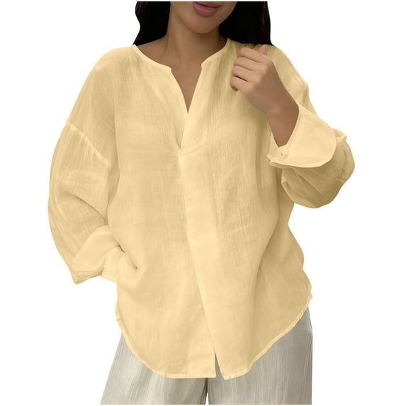 Sexlip Women's Long-Sleeved Button-Up Top Shirt V-Neck Casual Stylish Comfortable Daily Wear Great for Party Work School Travel Shopping Regular Fit Yellow M
