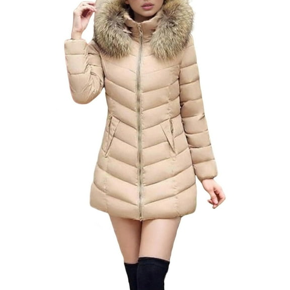 Sexlip Women's Long Winter Faux Fur Puffer Quilted Coat With Pocket Hooded Zip Up Padded Down Long Sleeve Thick Jacket Beige XXL
