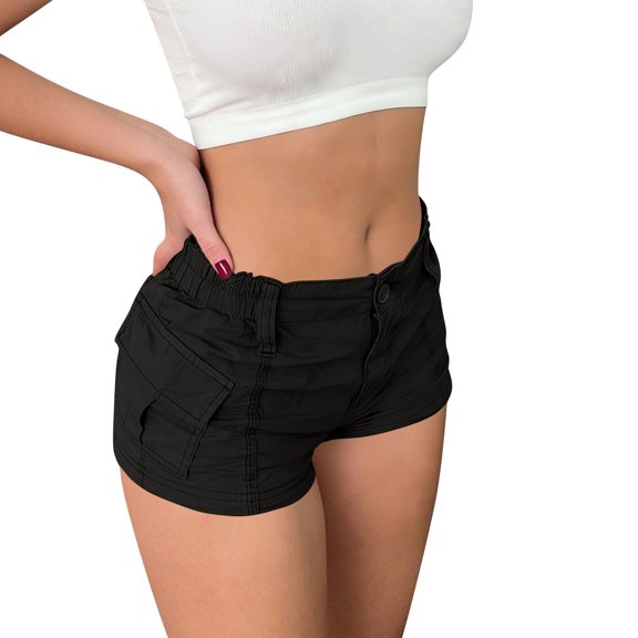 Sexlip Women's Low Rise Denim Shorts Button Fly Casual Streetwear Summer Bottoms with Pockets Black L