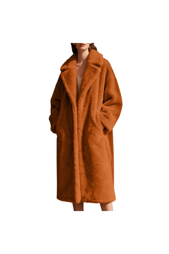 Women's Luxury Faux Fur Long Lapel Coat Teddy Fuzzy Fleece Open Front Overcoats Plus Size for Holiday Party Dating Brown XXXL