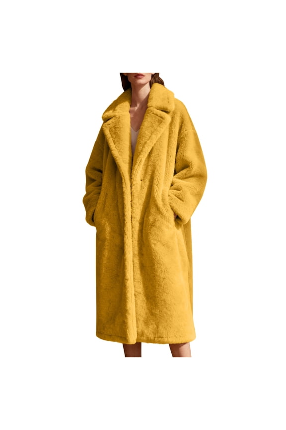 Women's Luxury Faux Fur Long Lapel Coat Teddy Fuzzy Fleece Open Front Overcoats Plus Size for Holiday Party Dating Yellow S