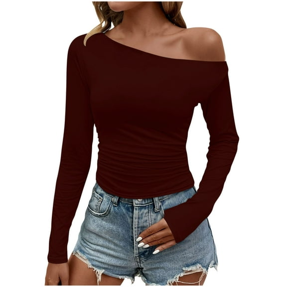 Sexlip Women's Off Shoulder Tops Casual Long Sleeve Basic Tee Shirts Fall Trendy Going Out Ruched Tight Fitted Y2K Blouse Red L