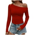 thumbnail image 1 of Sexlip Women's Off Shoulder Tops Casual Long Sleeve Basic Tee Shirts Fall Trendy Going Out Ruched Tight Fitted Y2K Blouse Red XS, 1 of 4
