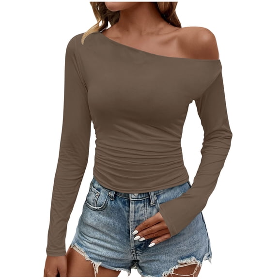 Sexlip Women's Off Shoulder Tops Casual Long Sleeve Basic Tee Shirts Fall Trendy Going Out Ruched Tight Fitted Y2K Blouse Yellow XL