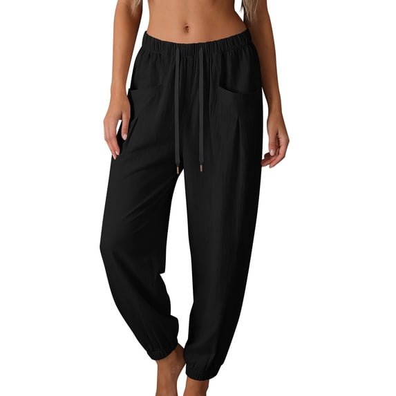 Sexlip Women's Pants All Season relaxed fit elastic waist cotton linen cotton solid color with pockets casual Black XXL
