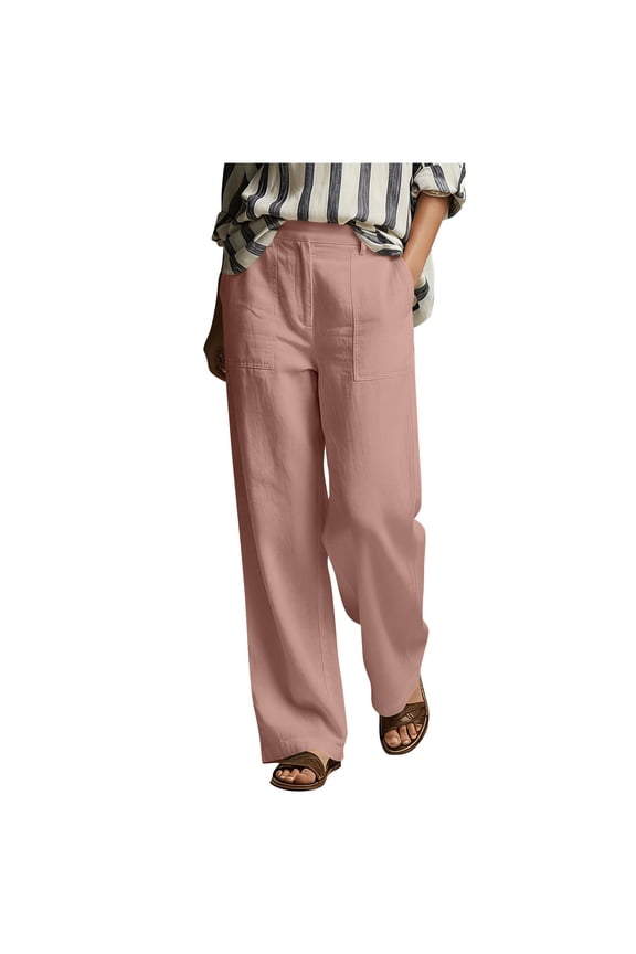 Women's Pants All Season wide leg cotton linen cotton solid color with pockets for daily wear classic and timeless style Pink M