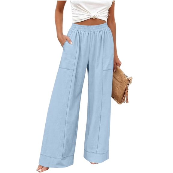 Sexlip Women's Pants Summer loose fit straight fit cotton linen cotton solid color slit with pockets for daily wear Blue M