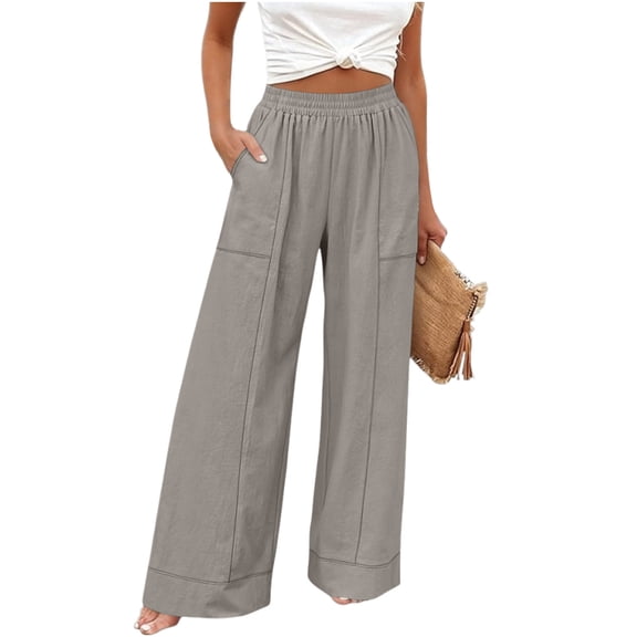 Sexlip Women's Pants Summer loose fit straight fit cotton linen cotton solid color slit with pockets for daily wear Gray S