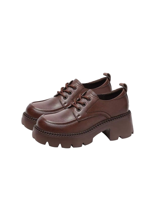 Women's Platform Oxfords Lace Up Wedge Heel Leather Shoes Comfortable Solid Color Thick Heel Casual Shoes Brown 38