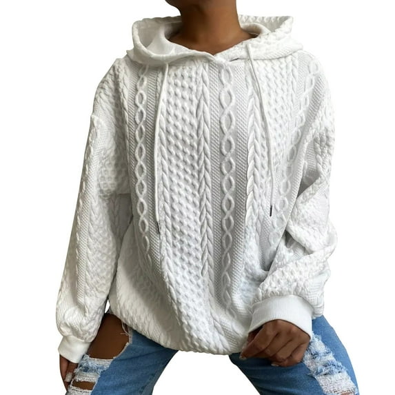 Sexlip Women's Plus Size Hoodies Drawstring Long Sleeve Drop Shoulder Textured Pullover Sweatshirt White XL
