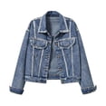 thumbnail image 1 of Sexlip Women's Plus Size Jean Jacket Stitching Button Front Washed Western Outfit Trendy Fashion Denim Jacket Blue M, 1 of 6
