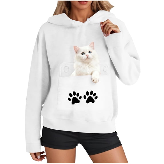 Sexlip Women's Printed Long Sleeve Fashion And Leisure Pocket Hooded Sweatshirt Top White XXL
