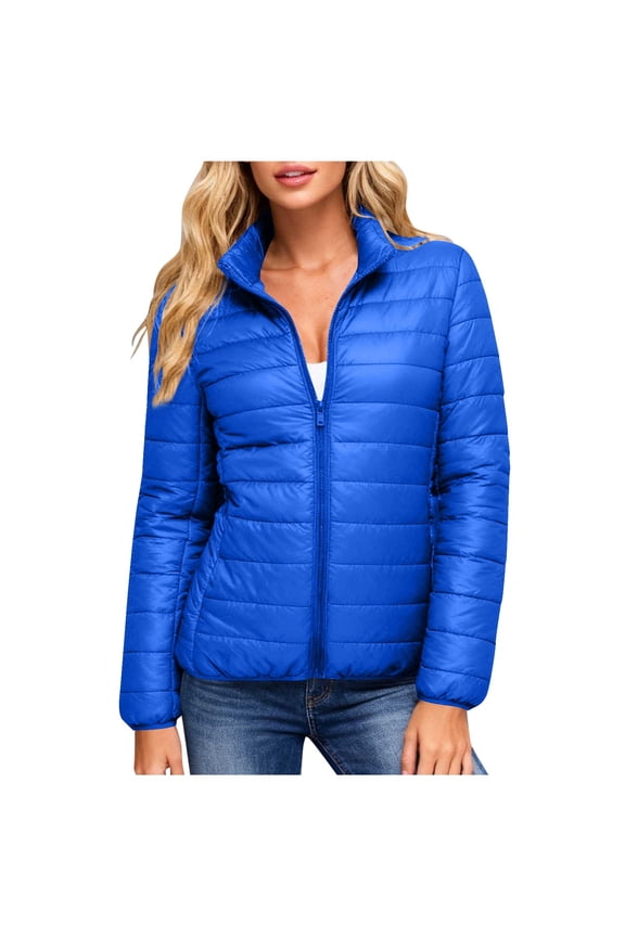 Women's Puffer Jackets Quilted Packable Puffy Coats Lightweight Winter Warm Zip Up Down Jacket Stand Collar Blue XL
