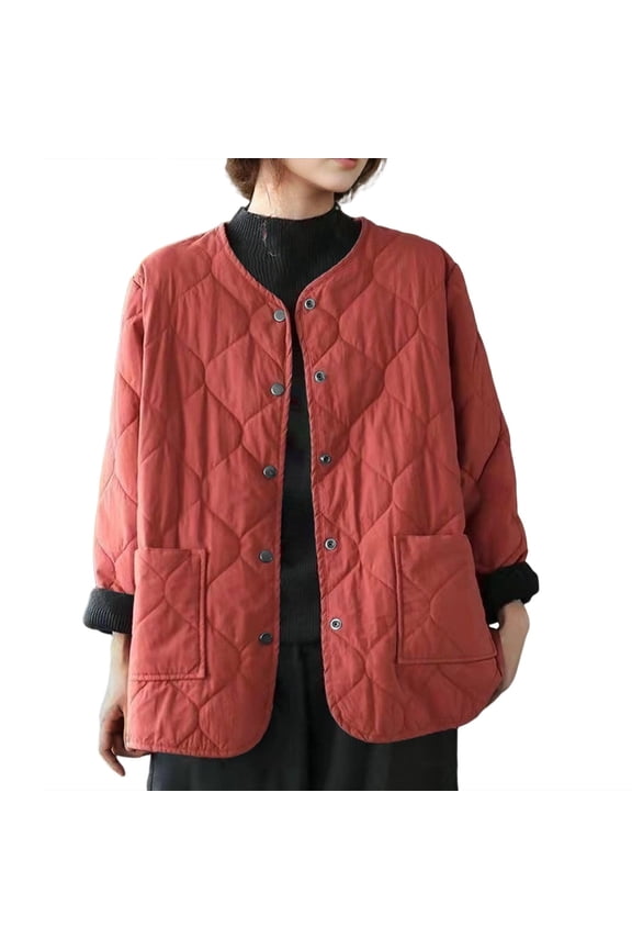 Women's Quilted Jacket Lightweight and Padded Trendy Coat Button Down Jacket with Pockets Red L