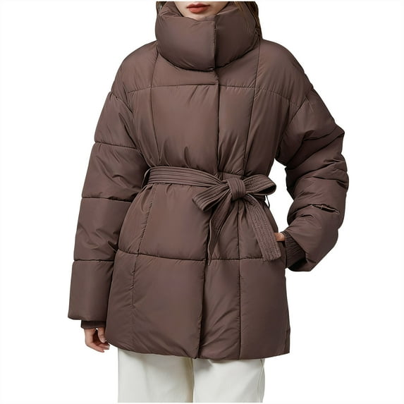 Sexlip Women's Quilted Puffer Jacket Long Sleeve Lapel Zip Open Front Puffy Padded Coat Winter Warm Outwear with Belt Brown L