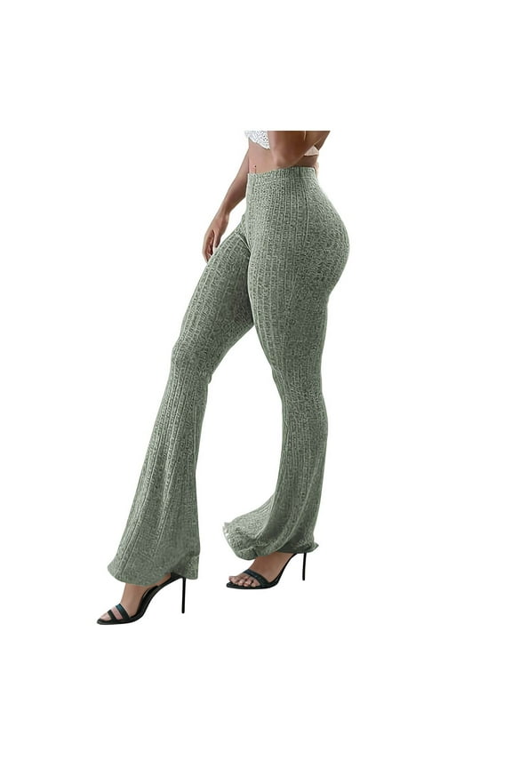 Women's Ribbed Knit Flared Pants, Stretchy Fitted Bell Bottom Yoga Pants Green M